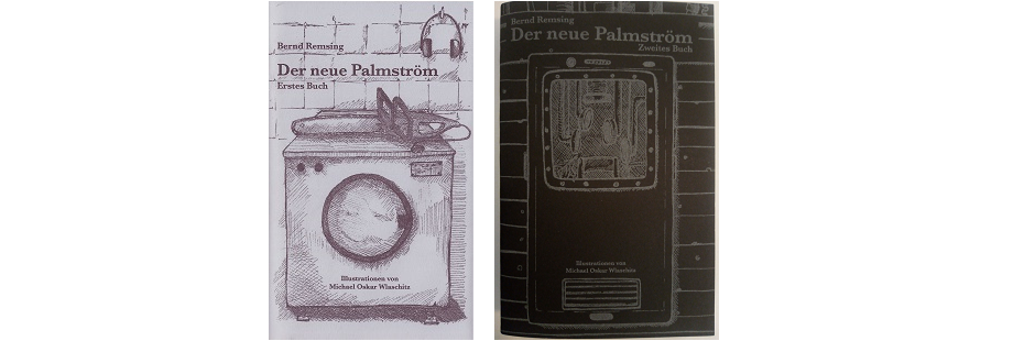Die Cover der beiden Palmströms: links Erstes Buch (grau, mit einer gezeichneten Waschmaschine, auf der eine Kettensäge liegt, rechts oben im Bild hängen Kopfhörer an einem Nagel in der Wand); rechts Zweites Buch (schwarz, mit einer gezeichneten Heizraumtür)